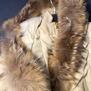 Tan and Brown Puffer Jacket with Luxurious Fur Trim